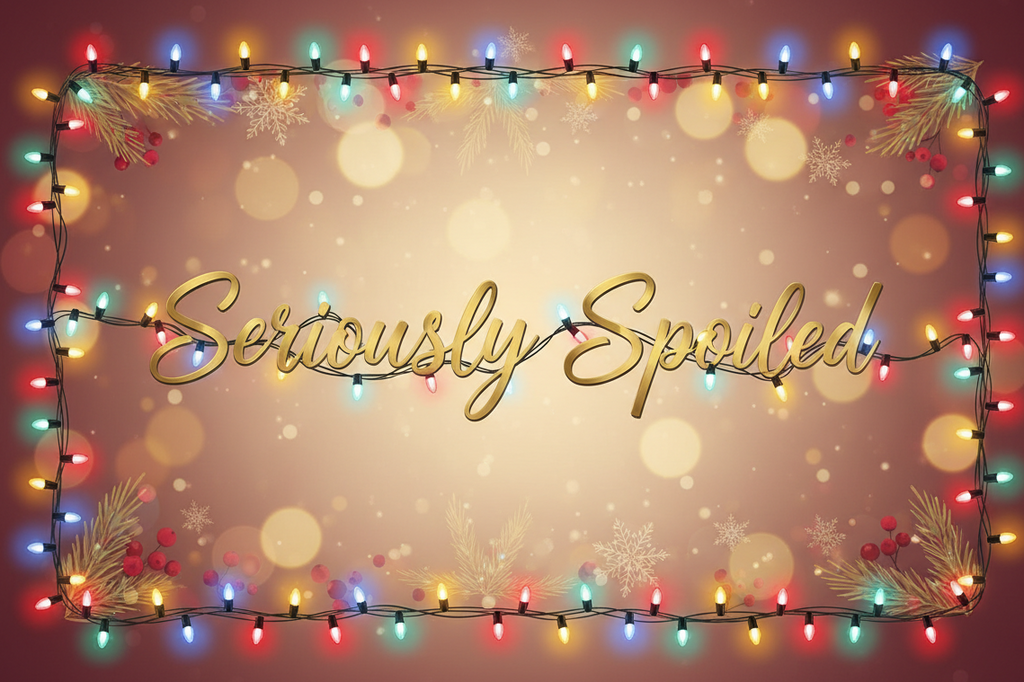 create gift card graphic with seriously spoiled horizontal with Christmas lights on the words and framing the card 