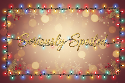 create gift card graphic with seriously spoiled horizontal with Christmas lights on the words and framing the card 